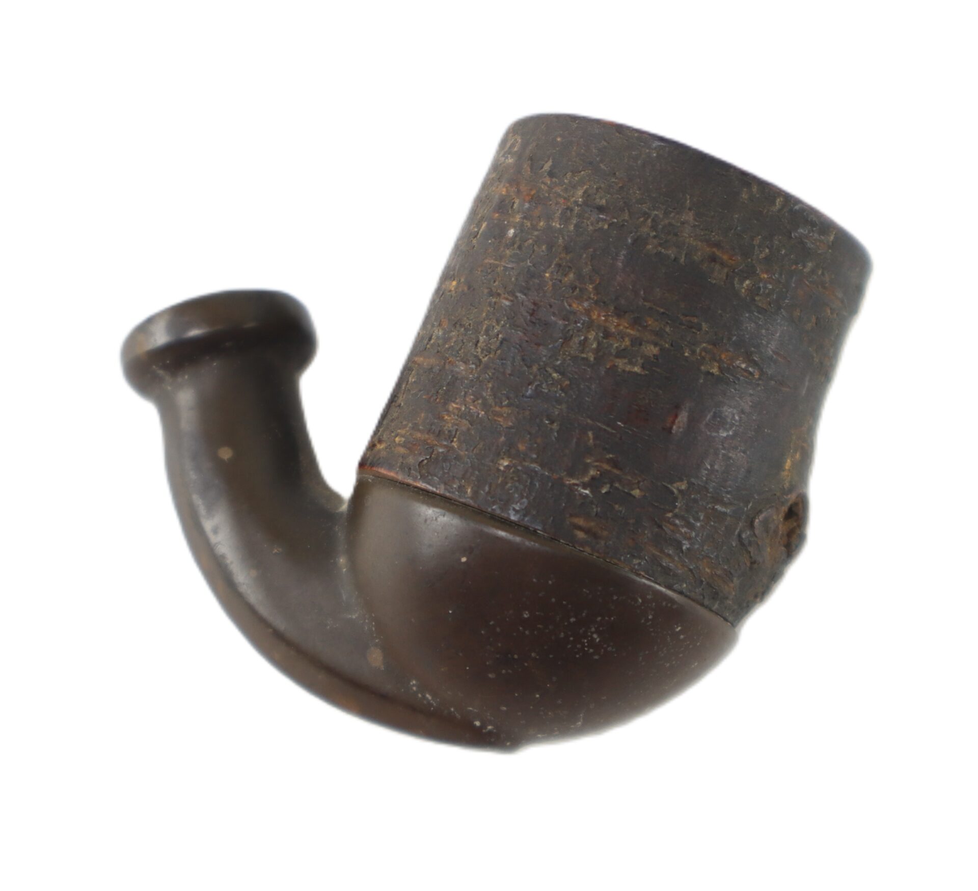A close-up of a Civil War Era Gutta Percha and Wood Pipe Bowl with a curved stem, featuring a weathered, dark brown finish, isolated on a white background.