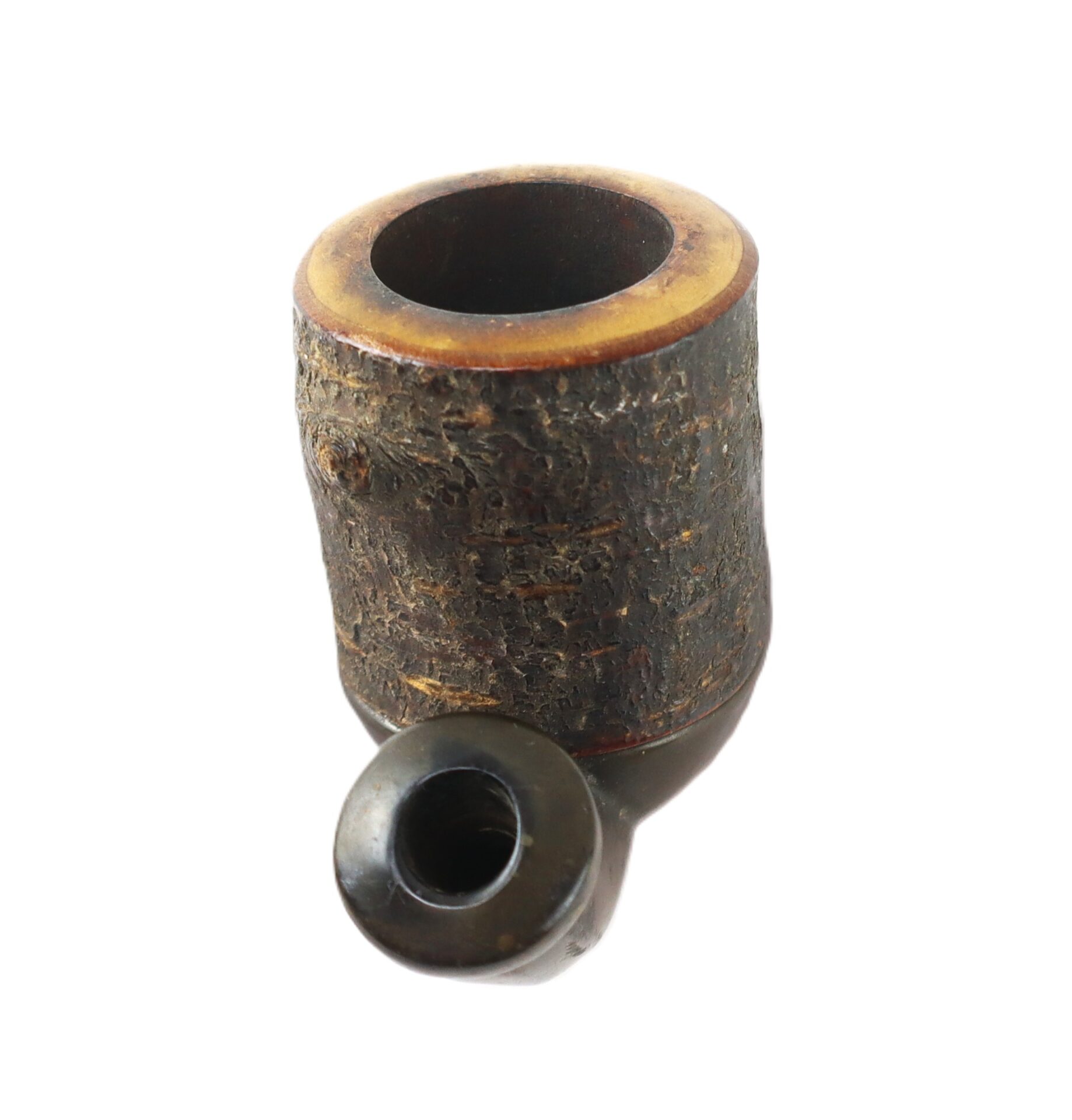 The Civil War Era Gutta Percha and Wood Pipe Bowl features a rustic, cylindrical wooden bowl paired with a short, curved black gutta percha stem, making it a distinctive historical tobacco pipe.