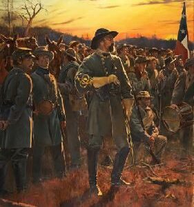 A group of Civil War soldiers in uniform stand outdoors at sunset, with one man in front holding a sword and a Confederate flag behind them, as depicted in "General of the Confederacy" by Don Troiani.