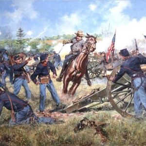 Sword of Virginia - Battle of Second Manassas by Don Troiani depicts Union and Confederate soldiers clashing near a cannon, while a mounted Confederate officer stands central amid the smoke and chaos.