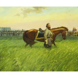 In Dale Gallon's "Road to Gettysburg," a man in military uniform leads a saddled brown horse across a grassy field, with soldiers and flags in the background.
