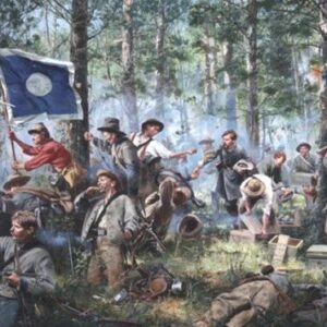 Cleburne At Chickamauga By Don Troiani shows a chaotic Civil War forest battle, with soldiers fighting, carrying a blue flag with a white circle, and smoke in the background.