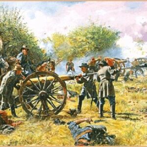 In Don Troiani's "Battery Longstreet - Battle Of Antietam," soldiers fire a cannon through smoke and casualties during a battle in a grassy, wooded landscape.
