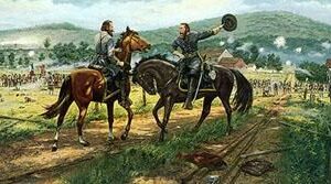 Framed Hood's Protest By Dale Gallon depicts two men on horseback meeting on a battlefield, with soldiers and smoke in the background.