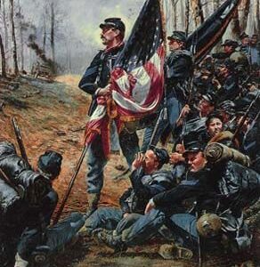 Framed Union Standard Bearer by Don Troiani depicts Union soldiers resting in a forest during the Civil War, with one holding a U.S. flag while others sit or lie on the ground among their gear.