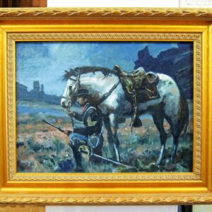 The product, "Artist Study Oil On Canvas And Framed Print Of The Same - Midnight Hour By Dale Gallon," features a soldier in uniform kneeling beside a saddled white horse against a natural landscape with distant rock formations.