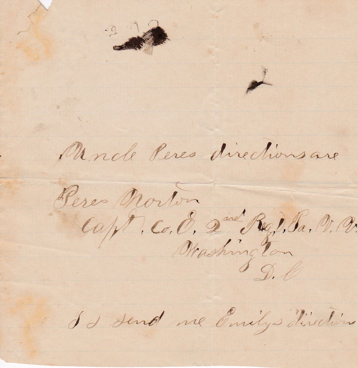 A document on aged paper with ink blots reads: "Uncle Peres directions are Perez L. Norton, 6th Regiment PRVC, Washington D.C. I do not have Emily's direction.