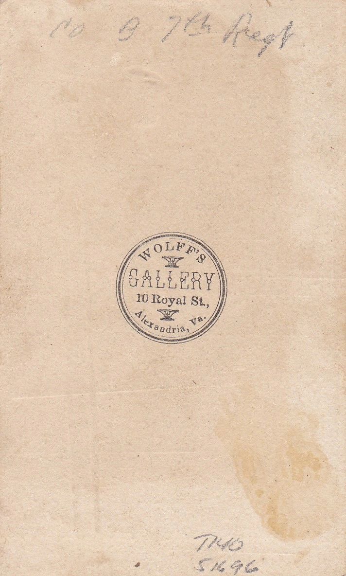 A faded paper stamped "Wolfe's Gallery, 10 Royal St., Alexandria, Va." features handwritten pencil notes and relates to Company "B" 7th Pennsylvania Volunteer Reserve Corps.