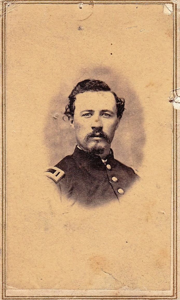 Sepia portrait of a man in a military uniform with shoulder insignia, facing forward from the chest up. Identified as Company "B" 7th Pennsylvania Volunteer Reserve Corps. / SOLD.