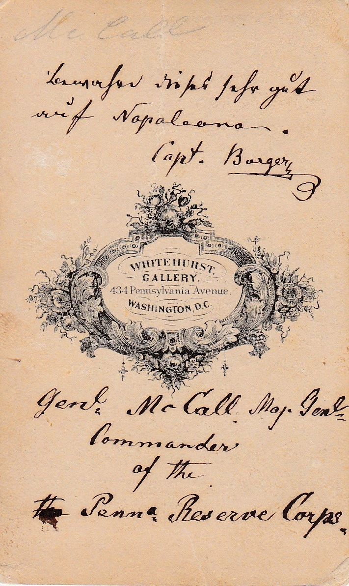 A vintage Whitehurst Gallery card from Washington D.C. features handwritten notes and signatures referencing Brigadier-General George Archibald McCall, PVRC, and the Pennsylvania Reserve Corps.