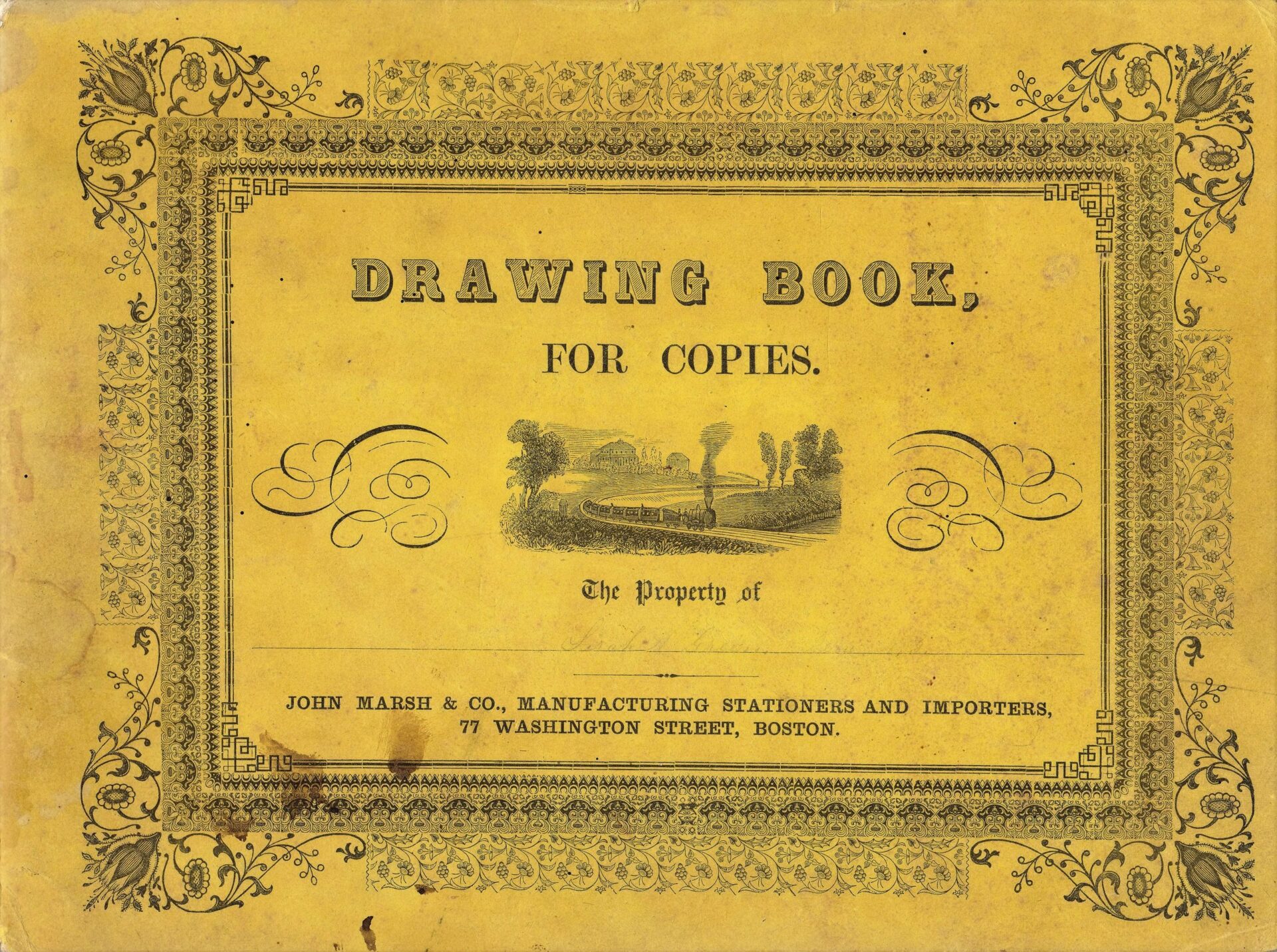 Yellow vintage cover of the "Original Civil War Era Sketch Book," featuring ornamental borders and a central landscape illustration, published by John Marsh & Co., Boston.