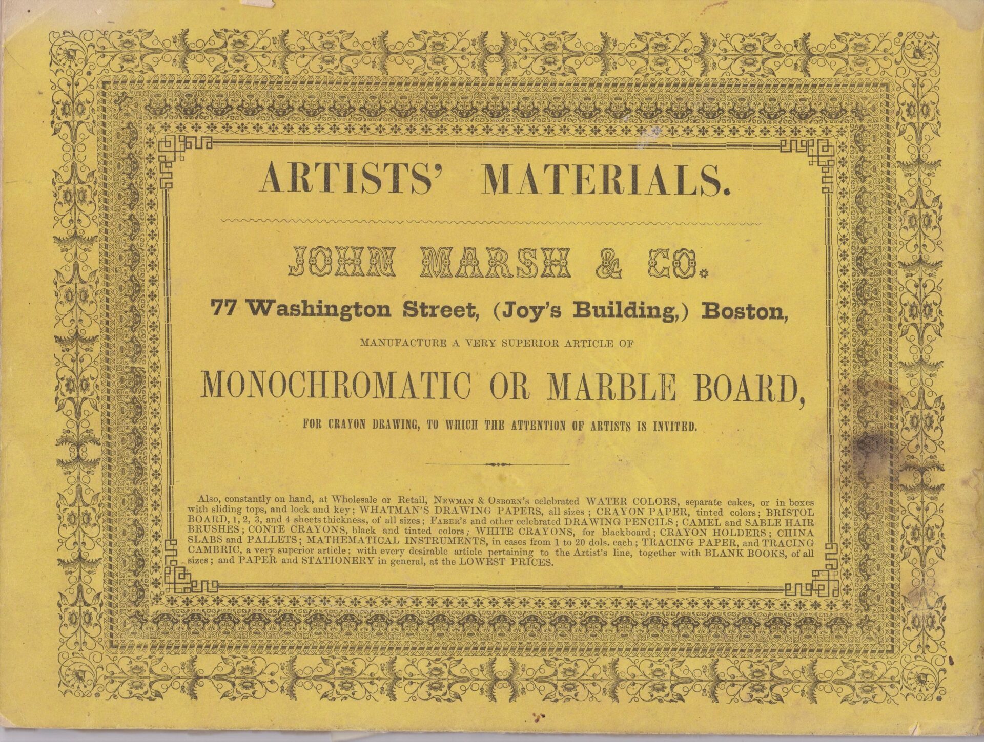 A vintage ad for John Marsh & Co., 77 Washington St., Boston, promoting the Original Civil War Era Sketch Book for crayon drawing, featuring a decorative border and detailed product info.