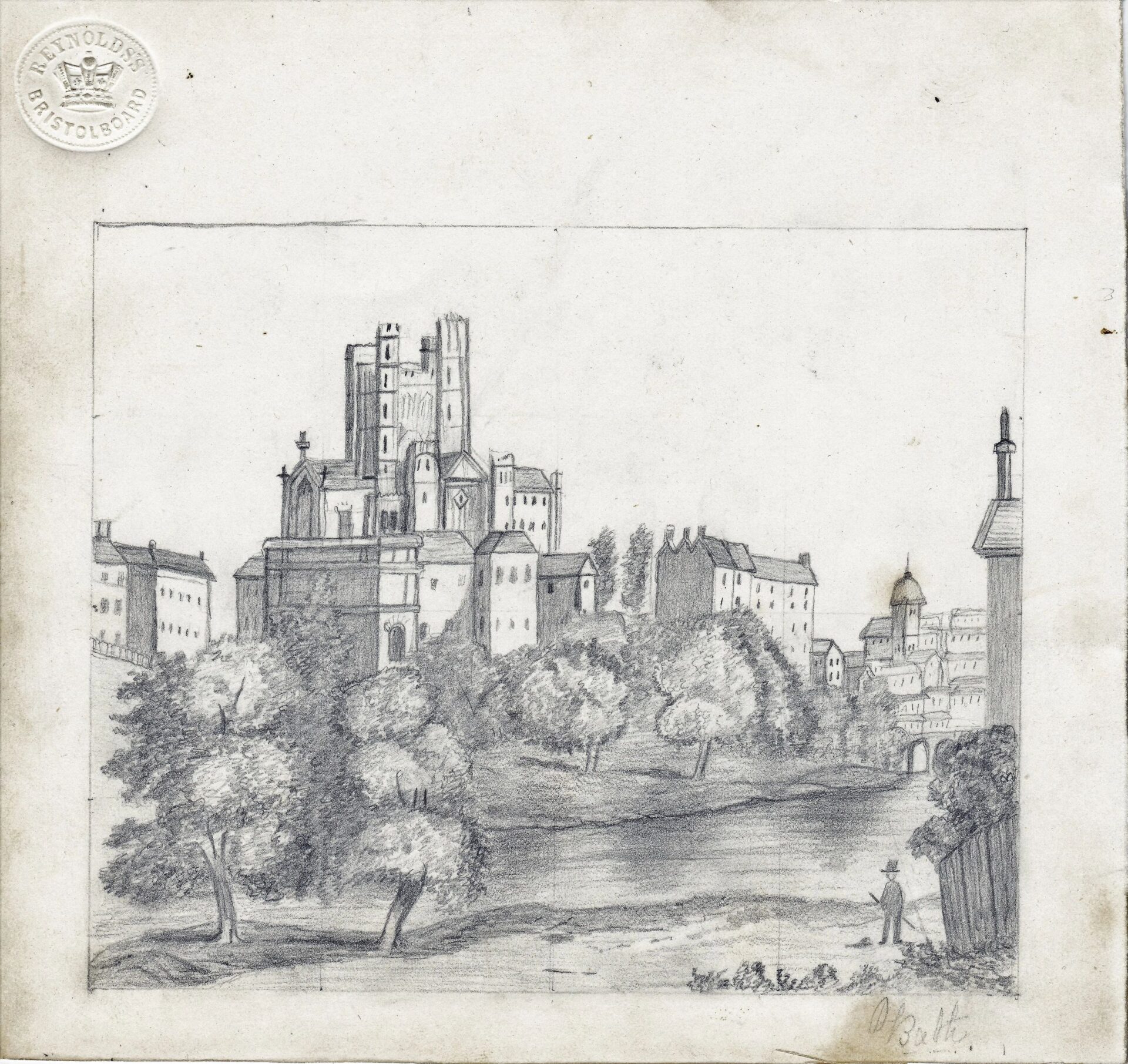 Pencil drawing from the Original Civil War Era Sketch Book shows a large church or cathedral on a hill, surrounded by smaller buildings and trees, with a person standing in the foreground.