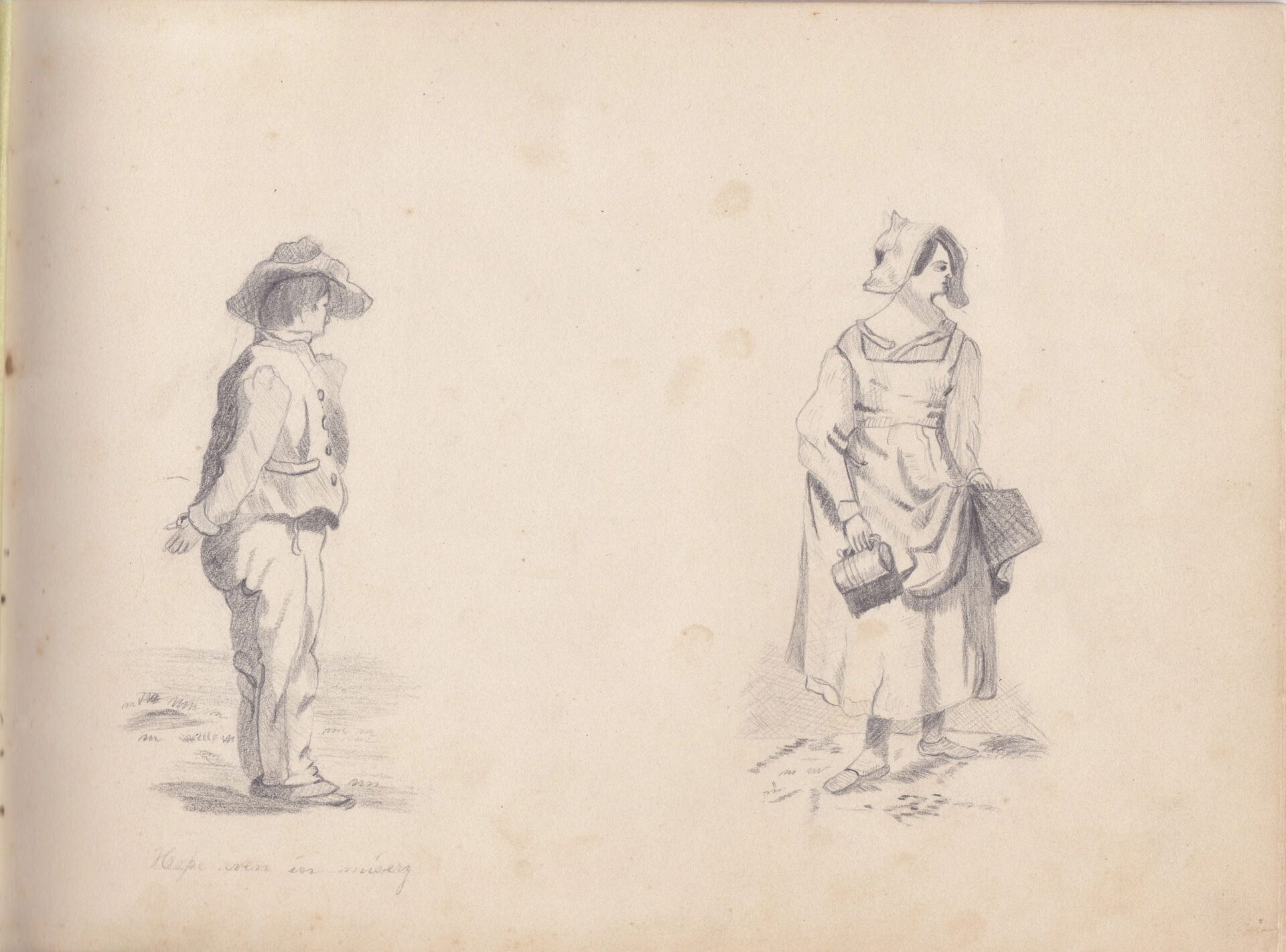 Featured in the Original Civil War Era Sketch Book: a pencil sketch shows a boy in a hat with hands behind his back on the left, and a woman in a bonnet holding baskets on the right, both dressed simply.