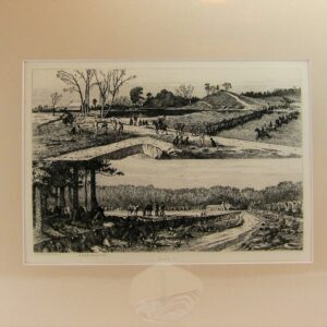 The Edwin Forbes Engraving Plate No. 38, "A Halt for Twenty Minutes," is a black-and-white landscape depicting soldiers on horseback and on foot pausing near bridges and wooded areas with buildings in the background.