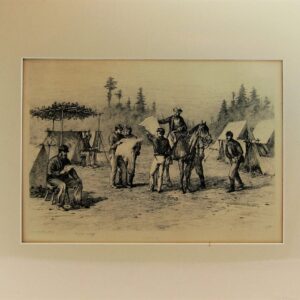 Black and white sketch from Edwin Forbes Plate No 28, "Engraving Newspapers in Camp," shows soldiers in a camp with tents, horses, and trees; some men stand, sit, or tend to horses.