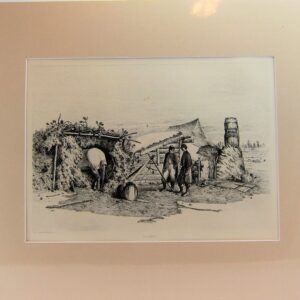Black and white sketch from Edwin Forbes Engraving Plate No. 2, "The Commissary's Quarters in Winter Camp," depicting two figures near a rustic shelter with fence, barrels, and thatched roof structures in the background.