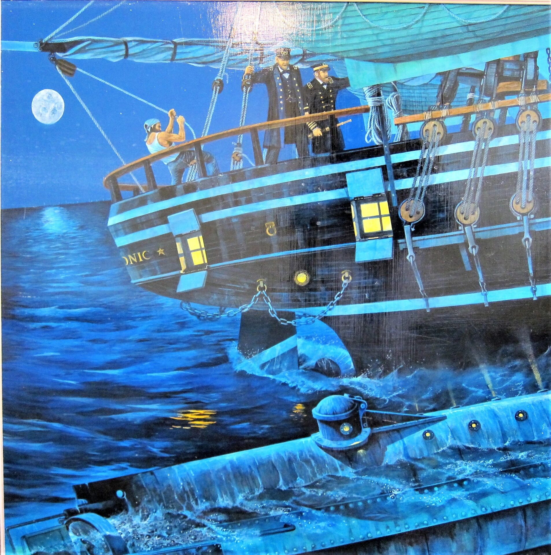 A submarine surfaces near the sailing ship "Tonic" at night under a full moon in Tom Gallo's "The Sinking of the Hunley," with crew members observing from the deck.