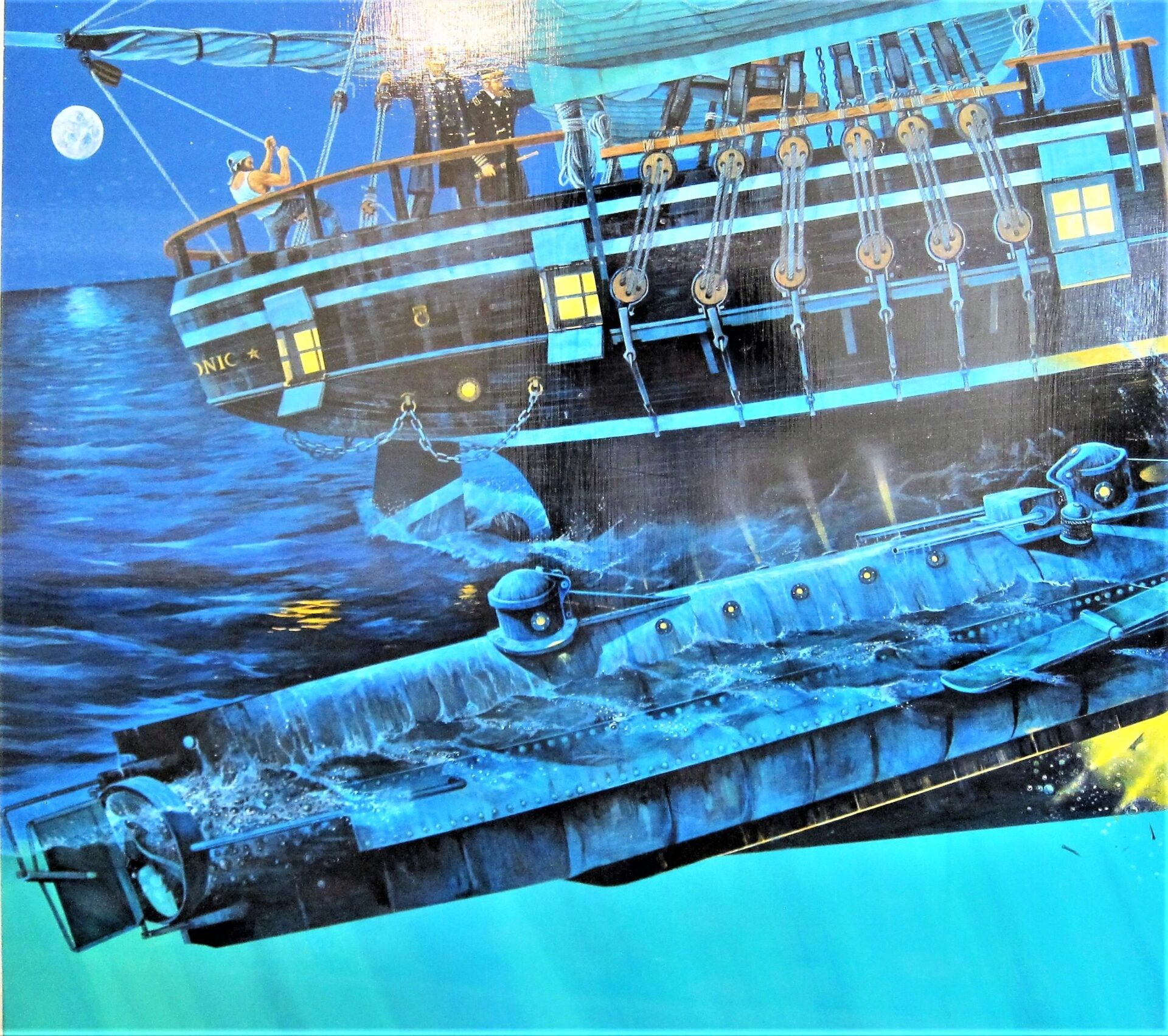 In Tom Gallo's "The Sinking of the Hunley," a large wooden ship sails at night under the moon as people stand on deck, while a smaller submarine-like vessel moves underwater nearby.