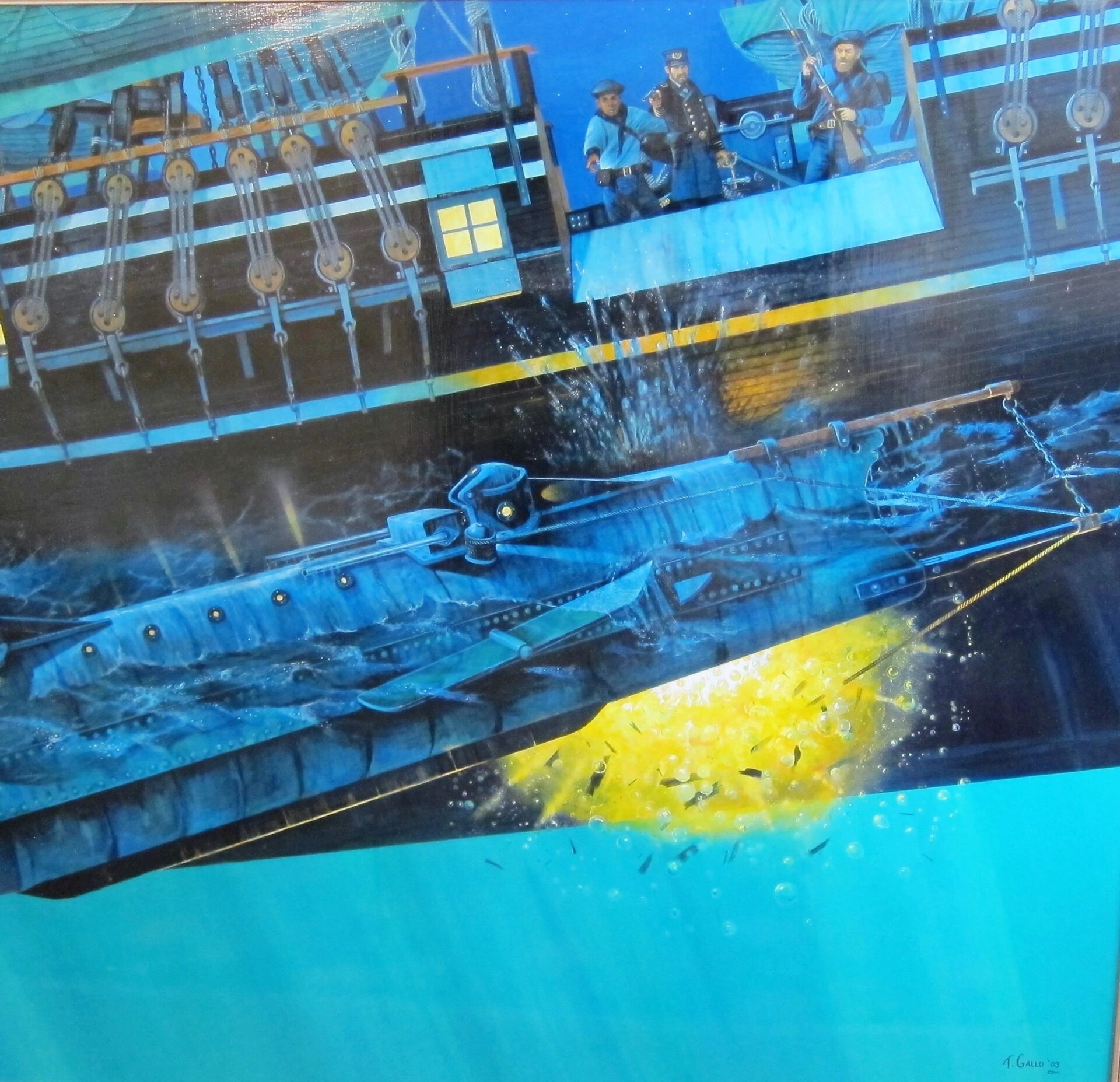 Tom Gallo's "The Sinking of the Hunley" depicts sailors on a ship’s deck as a submarine surfaces nearby, triggering an underwater explosion that lights the water with yellow.