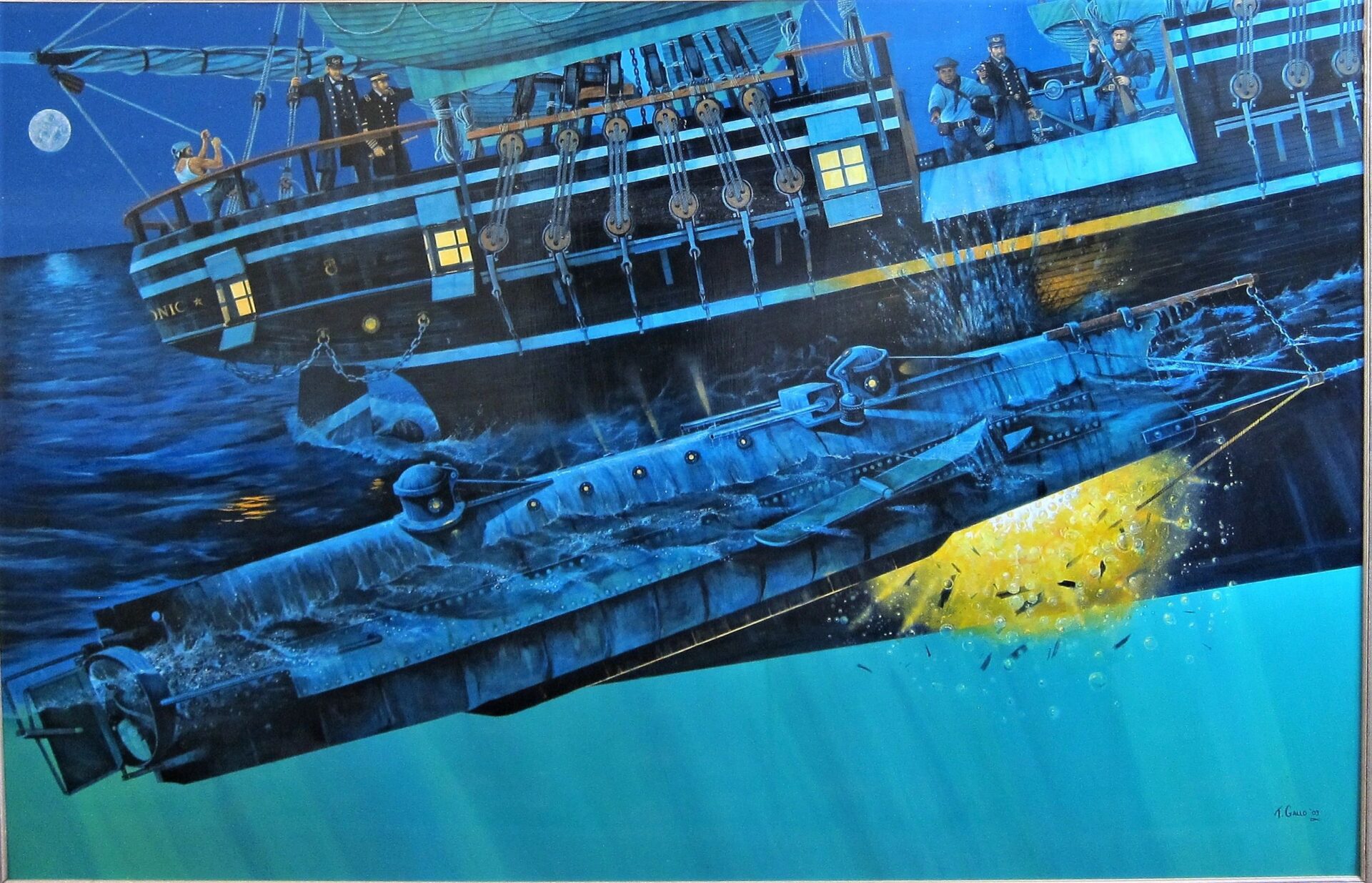 Tom Gallo’s “The Sinking of the Hunley” shows a wooden warship afloat and a submarine beneath, with an explosion at the point where the submarine meets the ship’s hull.