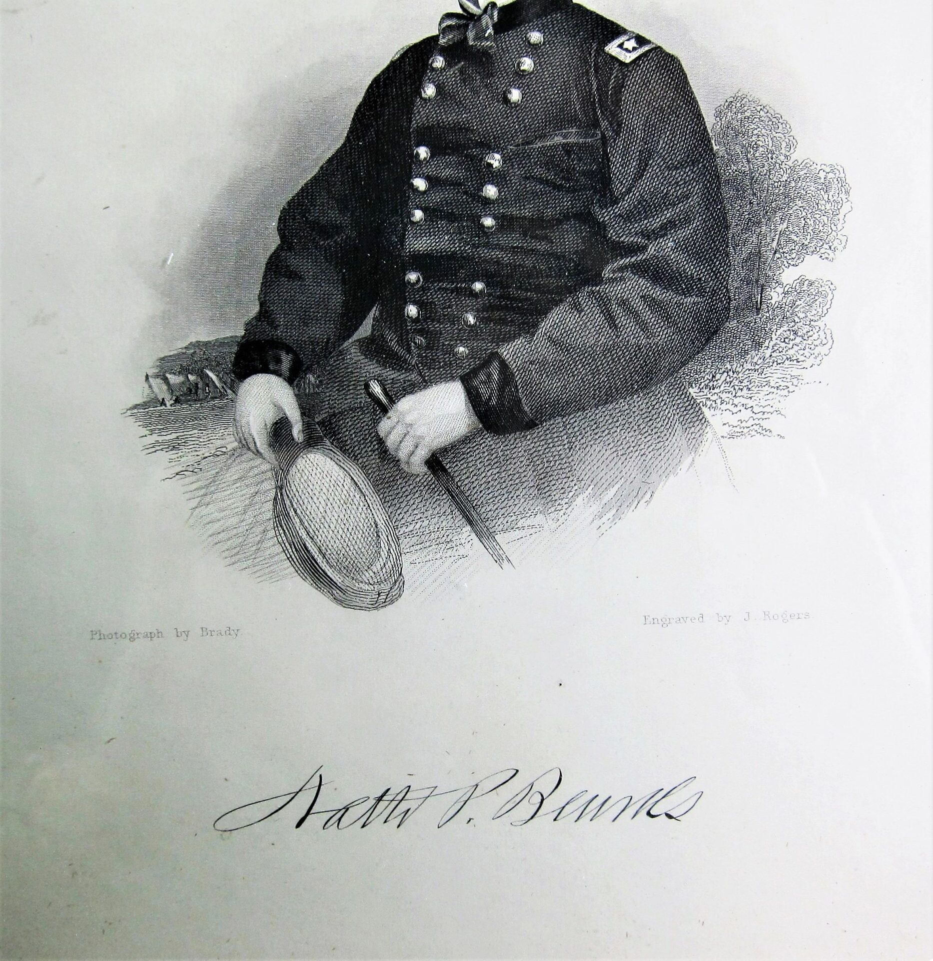 A black and white Brady-based engraving titled "Union General Nathaniel Prentiss Banks," depicting the general in formal military uniform holding a hat and sword, with his signed name at the bottom.