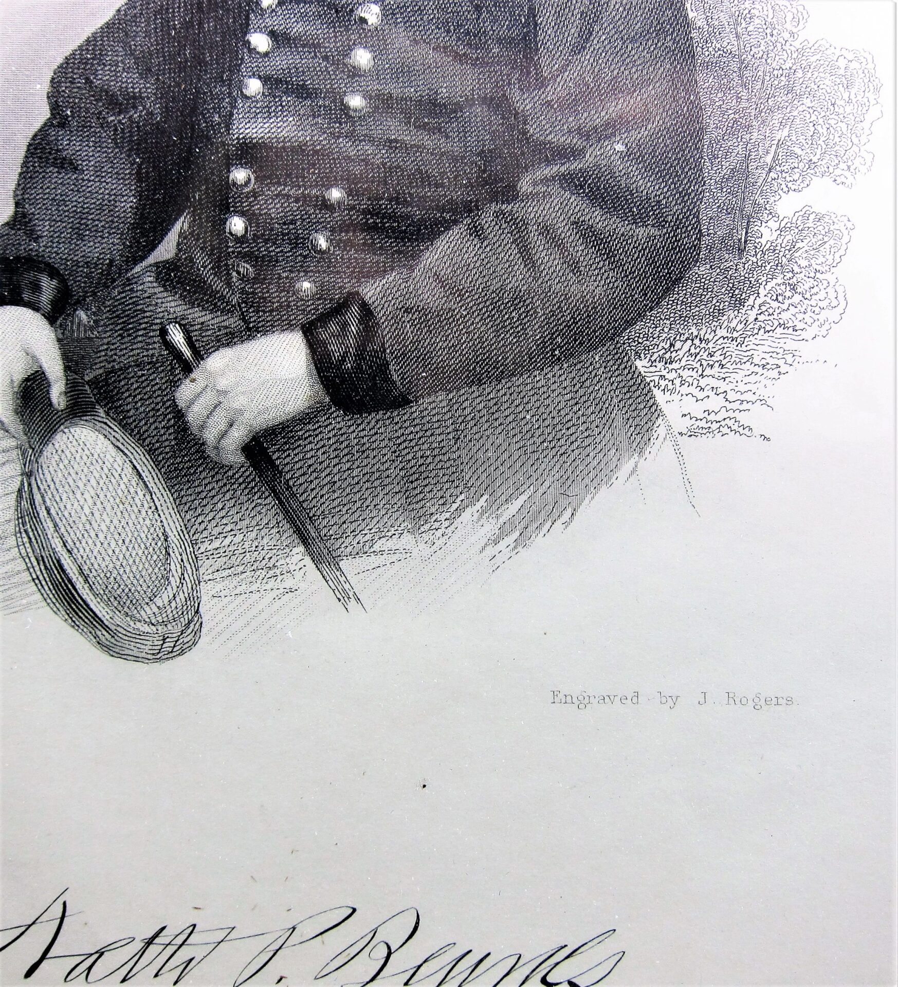 Engraving of Union General Nathaniel Prentiss Banks in a buttoned coat holding an object, titled "Brady Based Engraving," with "Engraved by J. Rogers" inscribed on the right side.