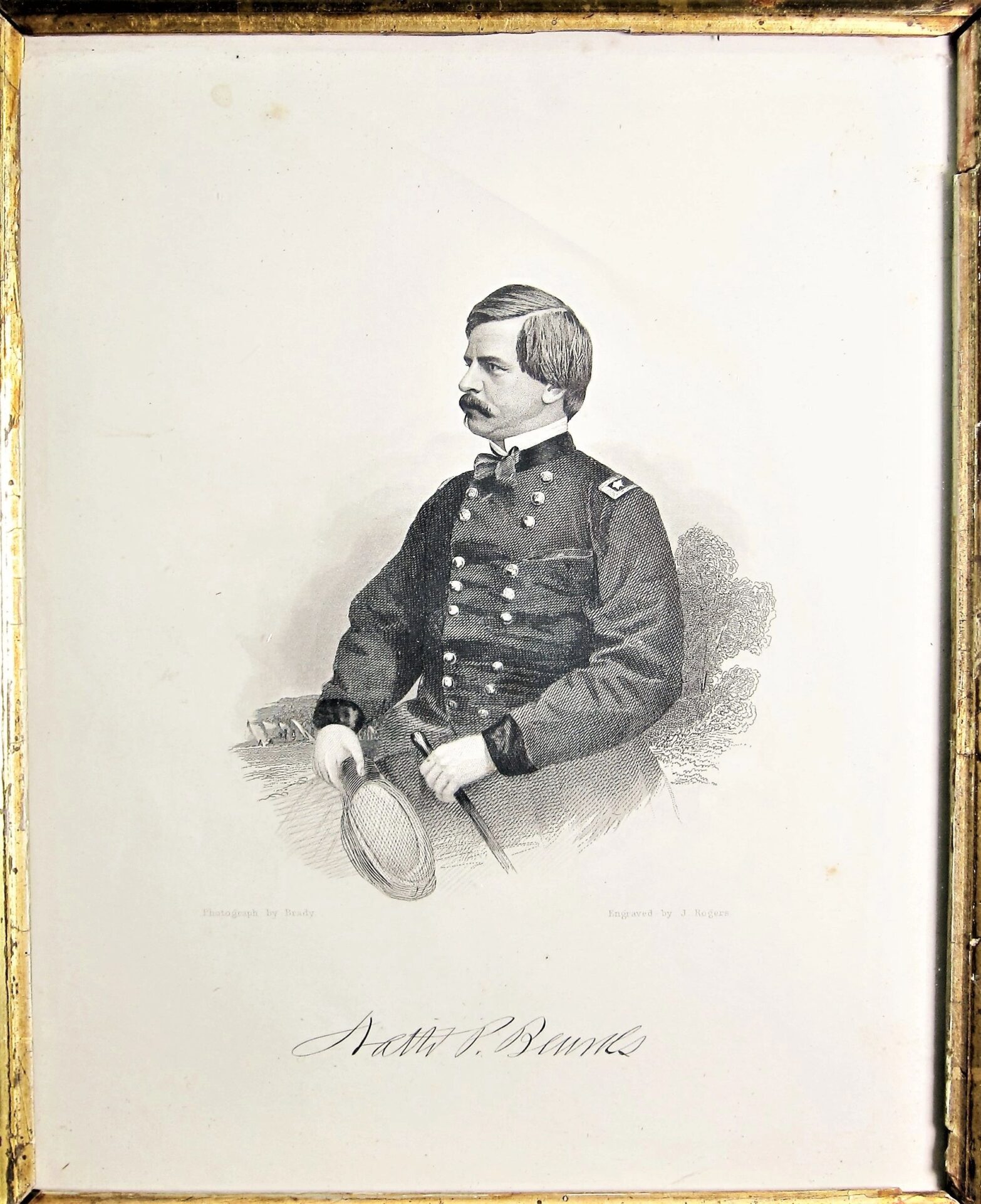 Black-and-white portrait engraving of Union General Nathaniel Prentiss Banks seated in uniform, holding a hat, with "Nathl P. Banks" signature below. Product: Union General Nathaniel Prentiss Banks Brady Based Engraving.