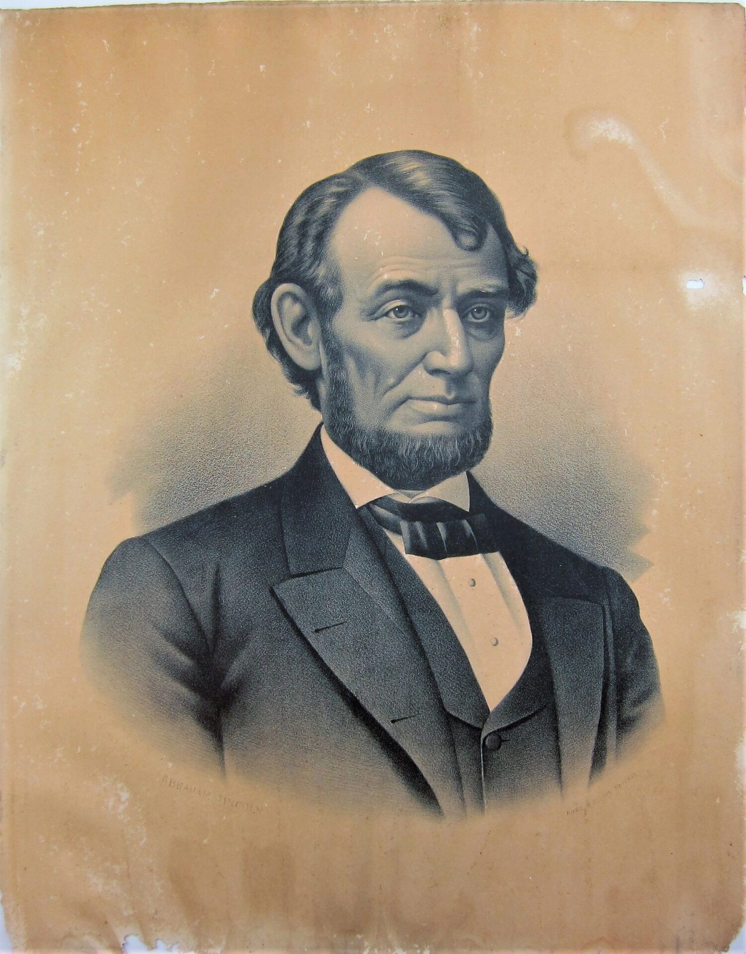 A vintage, sepia-toned portrait titled "Abraham Lincoln by Kurtz and Allison" features the bearded president in a suit and bow tie against a plain background. This artwork is marked as SOLD.