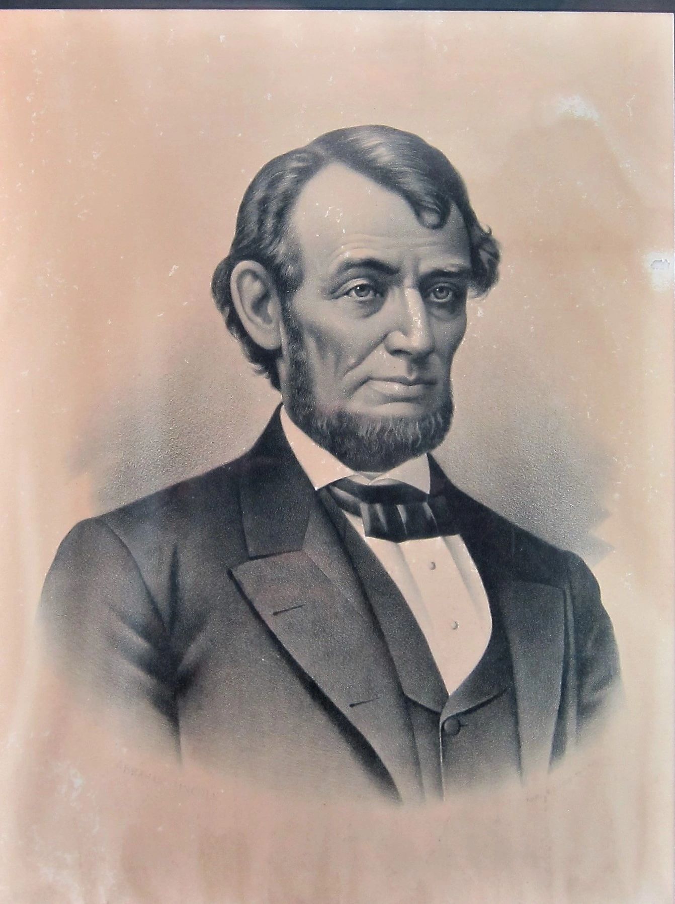 A black-and-white portrait illustration titled "Abraham Lincoln by Kurtz and Allison / SOLD," depicting Lincoln in 19th-century formal attire with a beard, suit, bow tie, and white shirt, facing slightly to the right.