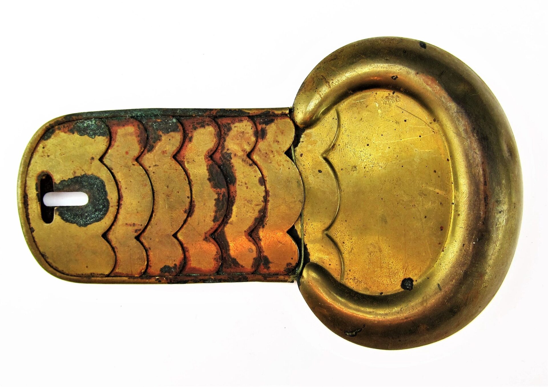 A pair of Civil War Shoulder Scales, crafted from vintage brass and copper, featuring a rounded end, flat slotted section, and decorative wavy patterns.