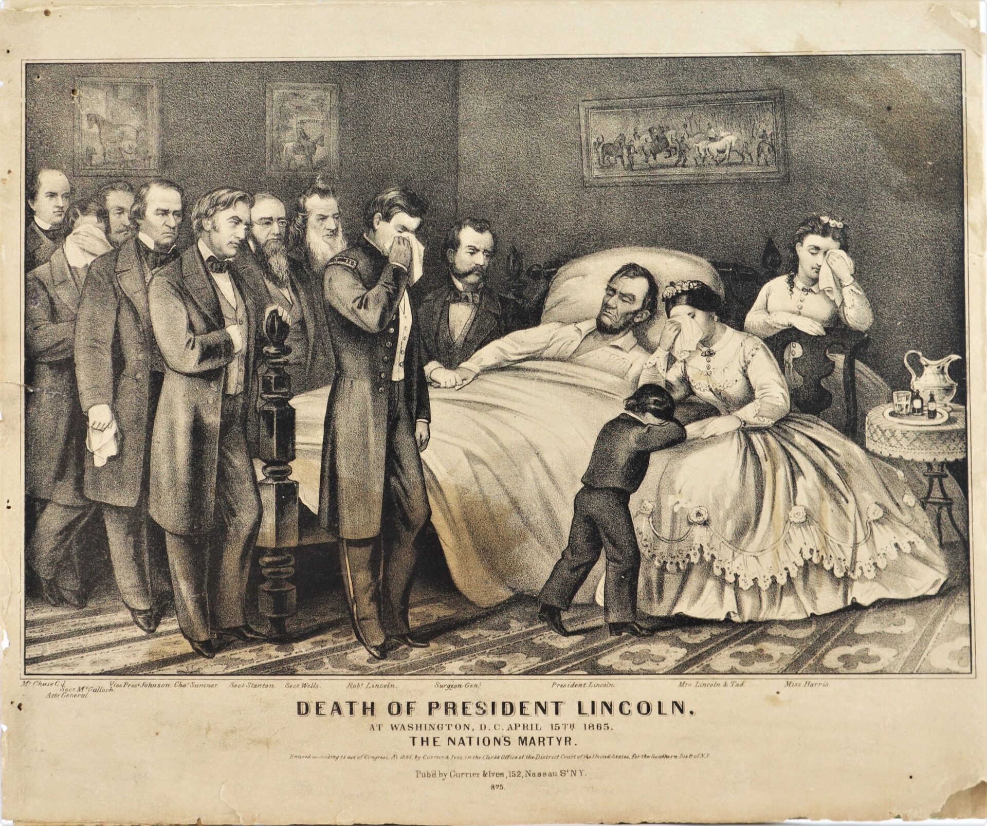 A group gathers around Lincoln’s deathbed in a somber room, with a woman seated beside him and a child leaning on her, depicted in "Death of President Lincoln, The Nation’s Martyr.