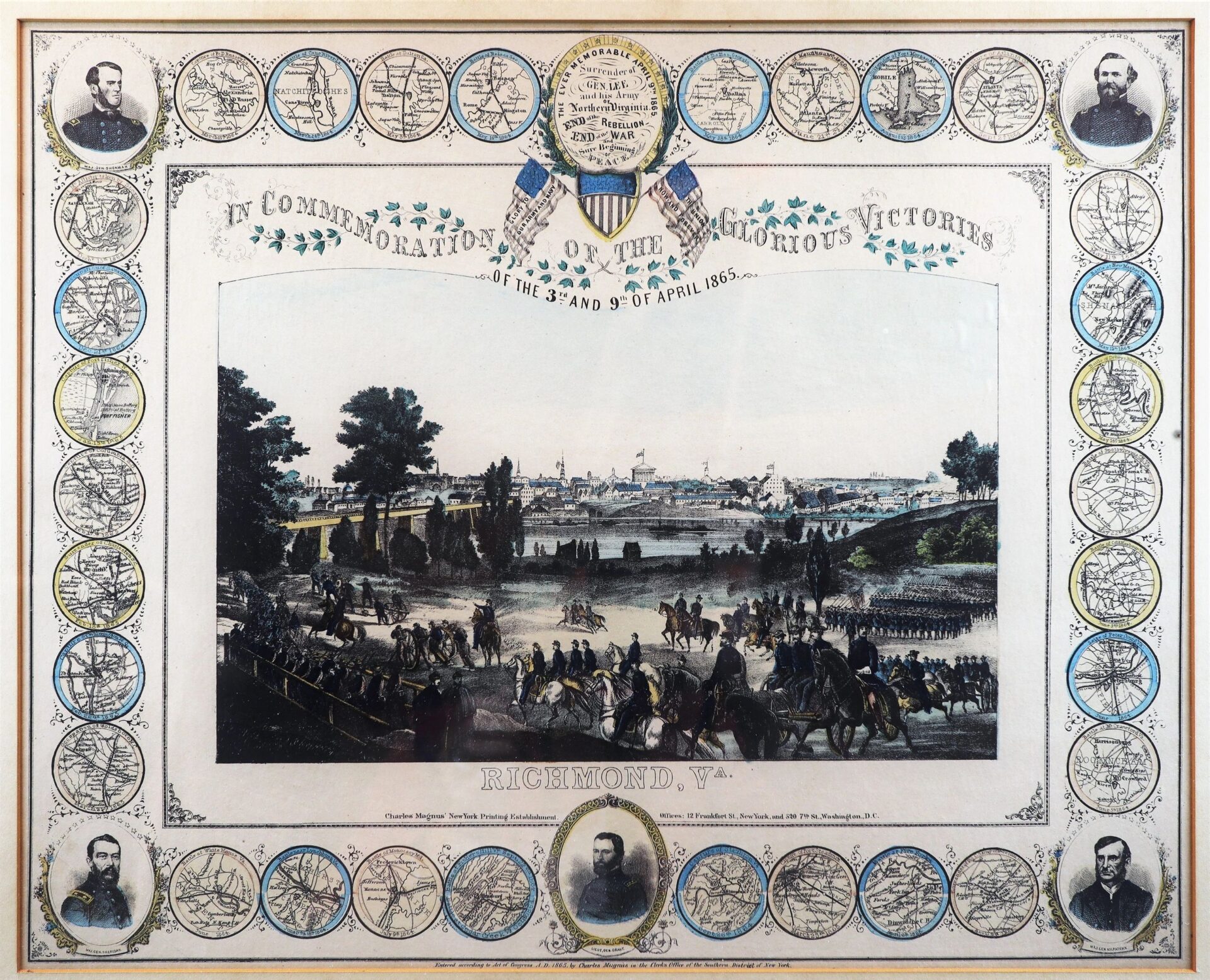 Charles Magnus, In Commemoriation of the Glorious Victories of the 3rd and 9th of April 1865—a historical illustration showing Union troops entering Richmond, Virginia, with portraits of military leaders and decorative medallions.