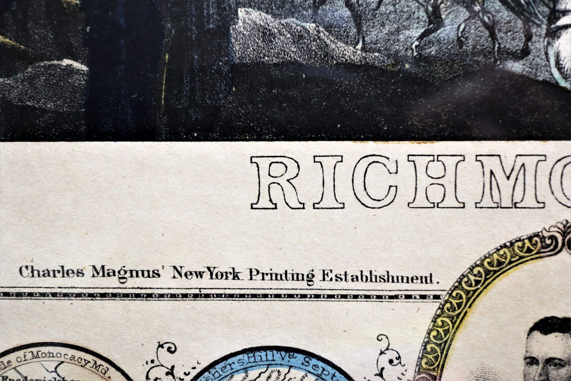 Close-up of a vintage document featuring the partial word "RICHMO" and referencing "Charles Magnus, In Commemoriation of the Glorious Victories of the 3rd and 9th of April 1865.