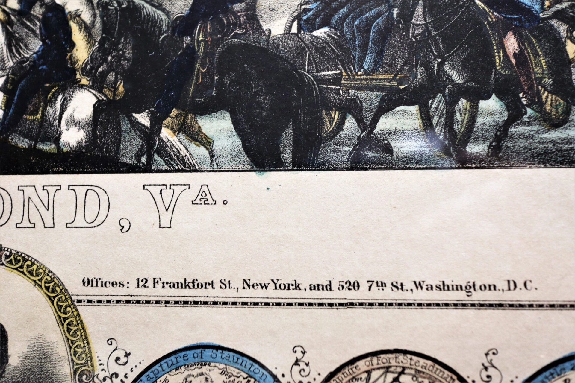 Close-up of "Charles Magnus, In Commemoriation of the Glorious Victories of the 3rd and 9th of April 1865," showing text: "Offices: 12 Frankfort St., New York, and 520 7th St., Washington, D.C." with an illustration above.