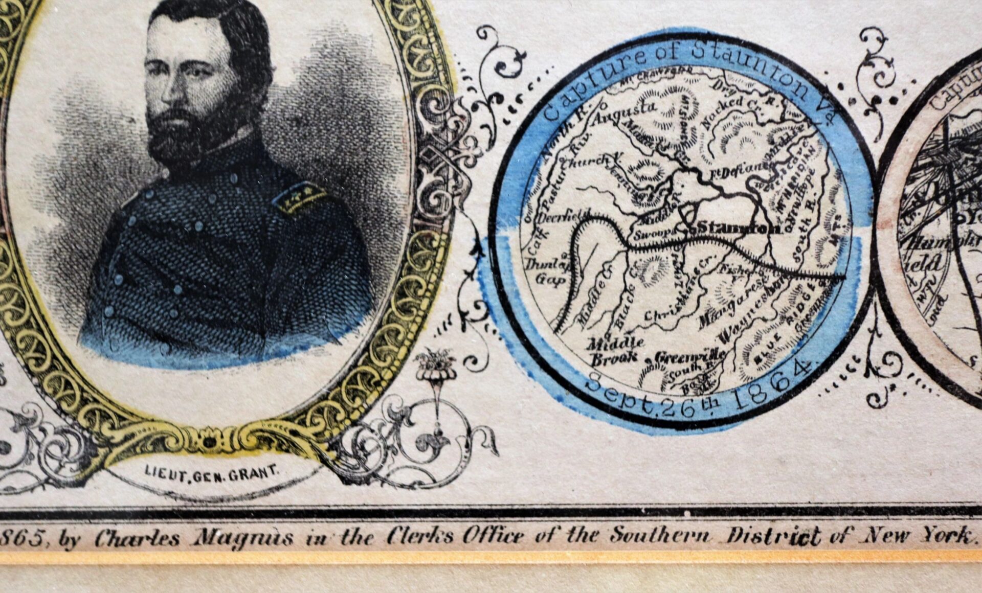 Oval portrait of a Union officer as "Lieut. Gen. Grant" appears beside a circular map, featured in Charles Magnus' "In Commemoriation of the Glorious Victories of the 3rd and 9th of April 1865.