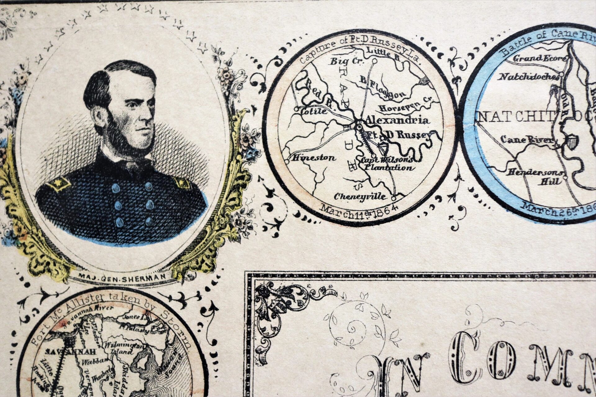 Charles Magnus's "In Commemoration of the Glorious Victories of the 3rd and 9th of April 1865" features a vintage portrait of Maj. Gen. Sherman in uniform with detailed, ornate, labeled maps.