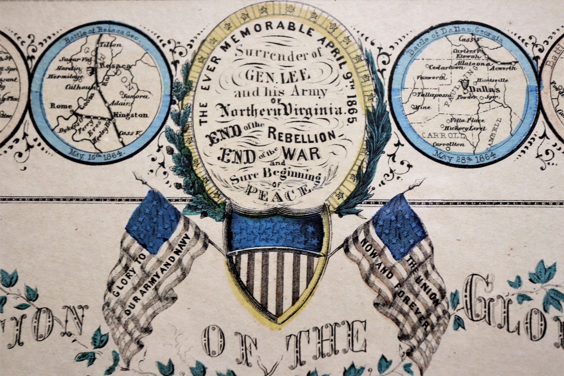 Charles Magnus’s "In Commemoration of the Glorious Victories of the 3rd and 9th of April 1865" features maps, flags, and text marking Gen. Lee’s surrender and the Civil War’s end.