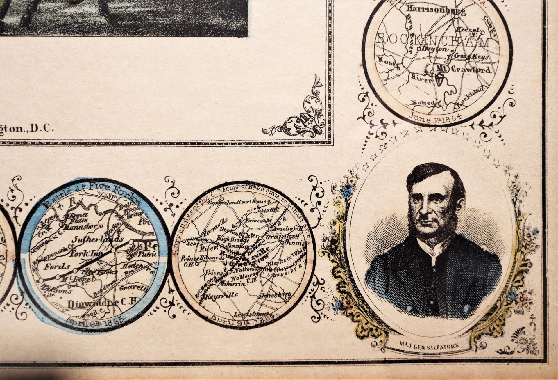 The Charles Magnus print, "In Commemoriation of the Glorious Victories of the 3rd and 9th of April 1865," features three circular map insets and a portrait labeled "Maj. Gen. Kilpatrick" in the lower right corner.