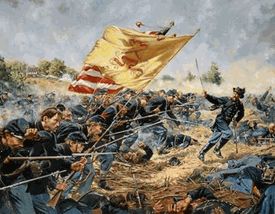 In Don Troiani’s "Forlorn Hope 1st Maine Heavy Artillery," soldiers in blue uniforms charge through smoke and chaos, one bearing a yellow flag while others wield rifles with bayonets.