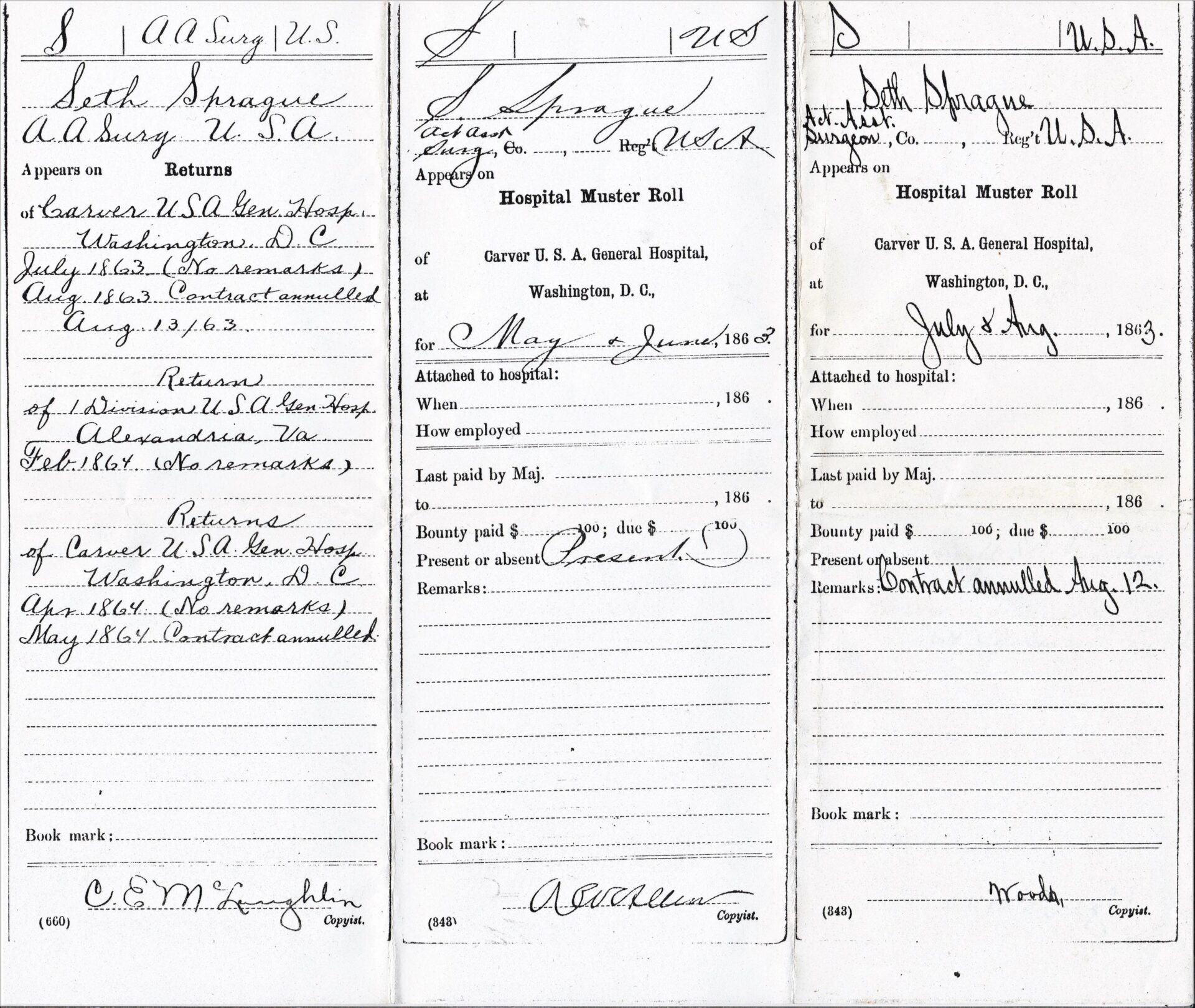 Three Civil War-era Hospital Muster Roll forms for Dr. Seth L. Sprague at Carver U.S.A. General Hospital, Washington D.C. (May–July 1865), from the Personal Effects of Civil War Surgeon Dr. Seth L. Sprague / SOLD, detail pay and service.