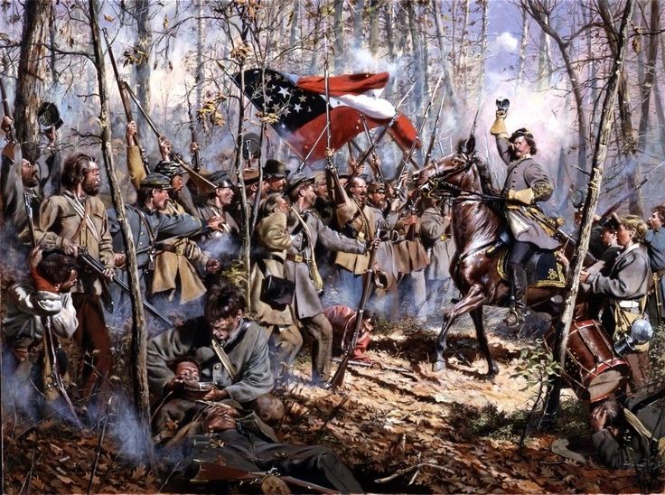 Men of Arkansas by Don Troiani depicts Confederate soldiers armed in a wooded battlefield, one holding their flag, with an officer on horseback raising his hat amid clouds of smoke. This artwork is SOLD.