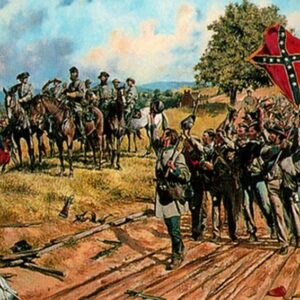 In "Old Jack" by Don Troiani, Confederate soldiers march with rifles and a flag as others on horseback look on, all set in a grassy outdoor scene.