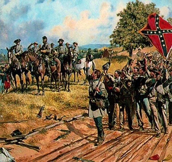 In "Old Jack" by Don Troiani, Confederate soldiers march with rifles and a battle flag as several mounted men observe in a rural landscape.