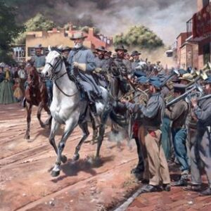 General Robert E. Lee rides a white horse as Civil War soldiers, some with brass instruments, march on a brick street lined with onlookers and buildings.