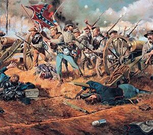 Rebel Yell by Don Troiani depicts Confederate soldiers advancing near cannons with their flag, while fallen Union soldiers lie on the battlefield.