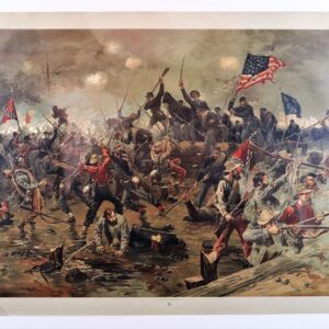 Battle of Spottsylvania by Louis Prang depicts a chaotic Civil War scene with Union and Confederate soldiers clashing, waving flags, and crossing a stream amid smoke and debris.