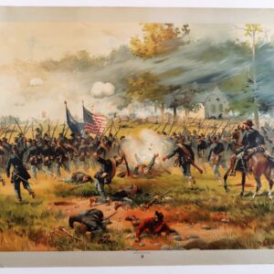 Antietam by Louis Prang depicts a Civil War battle with Union soldiers advancing, flags raised, gunfire, fallen soldiers, an officer on horseback, and a backdrop of a house and trees.