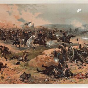 “Sheridan's Final Charge at Winchester” depicts a chaotic battlefield with cavalry charging, soldiers firing cannons and rifles, fallen men and horses, all engulfed in smoke.