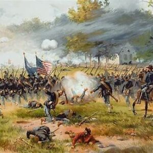Antietam by Louis Prague depicts a Civil War battle scene with soldiers fighting, smoke from gunfire, fallen men, and an officer on horseback leading troops carrying the U.S. flag.